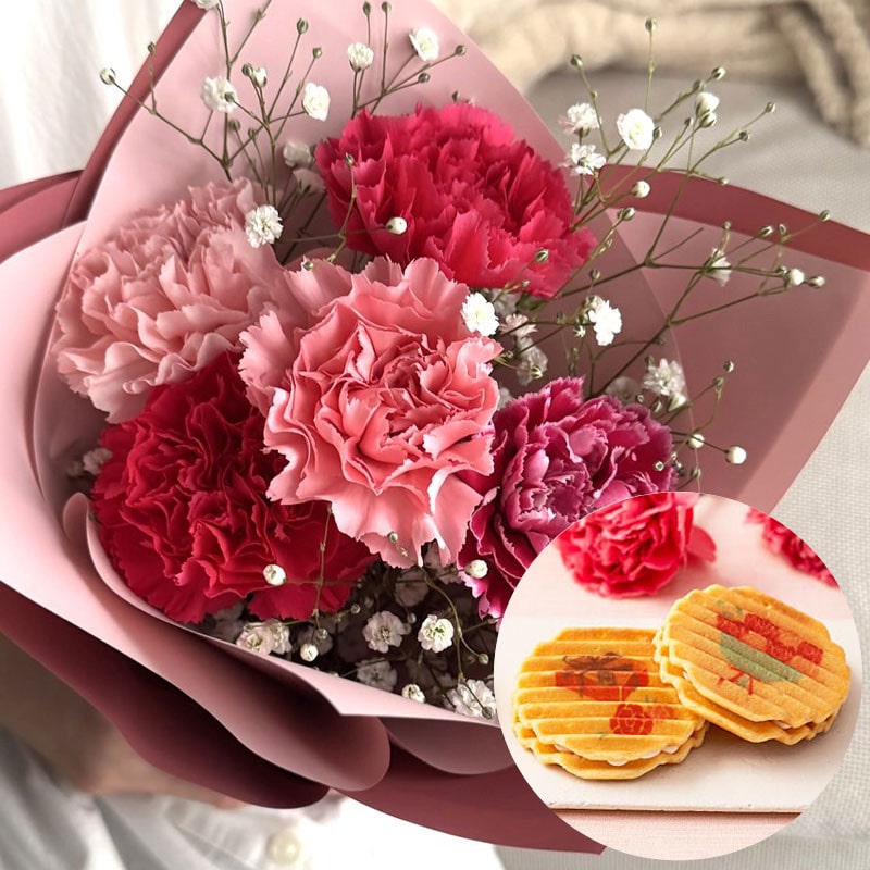 【母の日】［リンクフローリスト］フラワーブーケ＆［鼓月］母の日おすすめ詰合せ【送料込み】＜お届け日：5/6（水）～10（日）＞