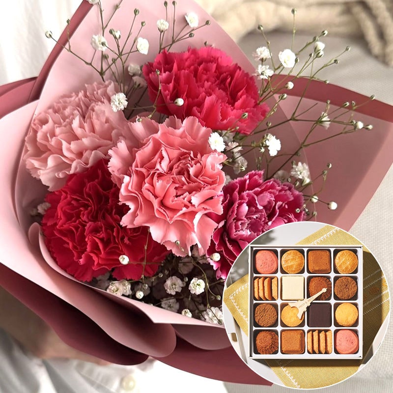 【母の日】［リンクフローリスト］フラワーブーケ＆［アンリ・シャルパンティエ］プティ・タ・プティ Mボックス【送料込み】＜お届け日：5/6（水）～10（日）＞