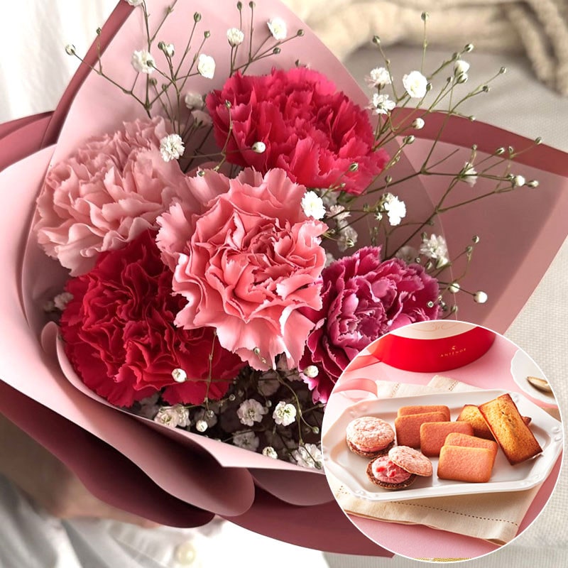 【母の日】［リンクフローリスト］フラワーブーケ＆［アンテノール］苺のクリームサンド アソート（M）【送料込み】＜お届け日：5/6（水）～10（日）＞