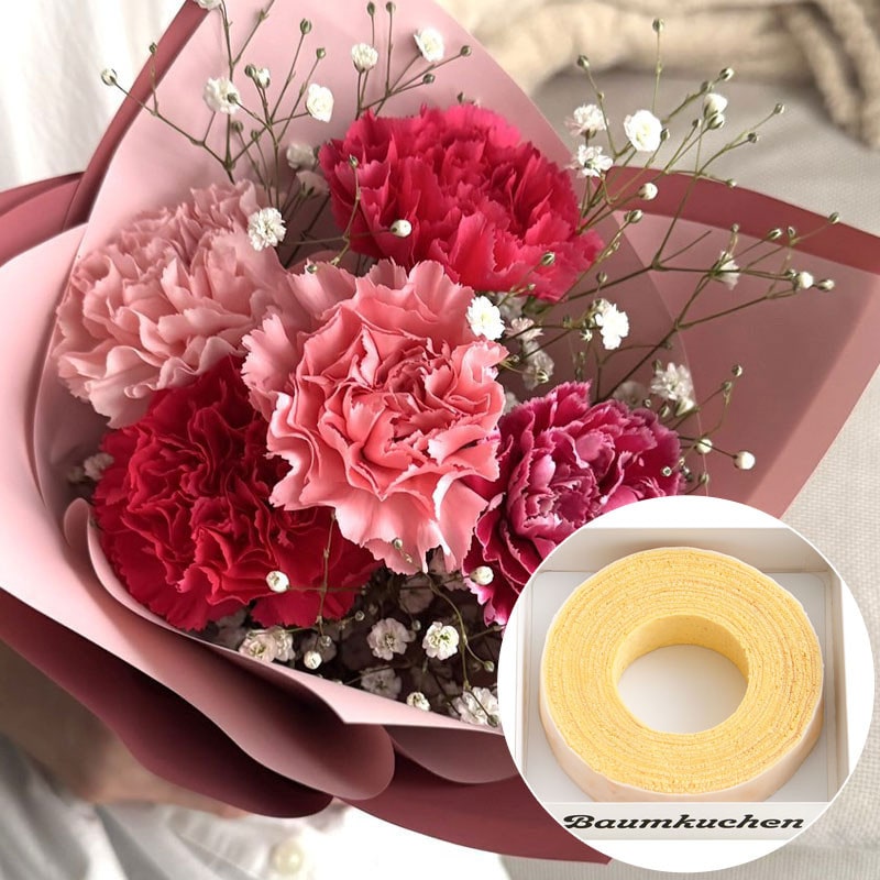 【母の日】［リンクフローリスト］フラワーブーケ＆［ユーハイム］バウムクーヘン【送料込み】＜お届け日：5/6（水）～10（日）＞