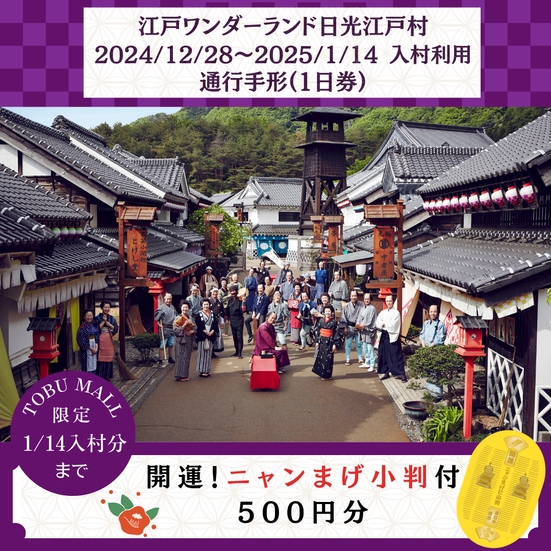 １日券】江戸ワンダーランド日光江戸村 通行手形お得前売り券（デジタルチケット）/2024年9月9日～2025年1月14日有効: TABIYOSE  TOBUMALL本店(東武トップツアーズ) | TOBU POINTがたまる！使える TOBU MALL