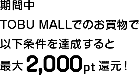 期間中Tobu Mallでのお買物で以下条件を達成すると最大2,000ポイント還元！